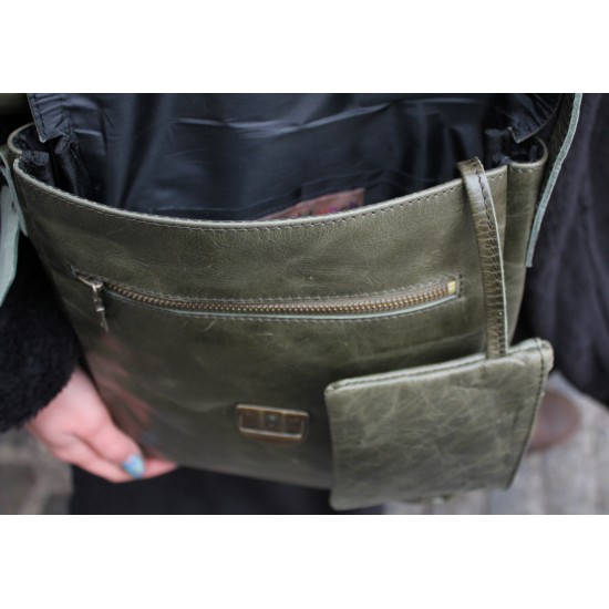 Messenger Medium Push through Bag Olive Green Leather
